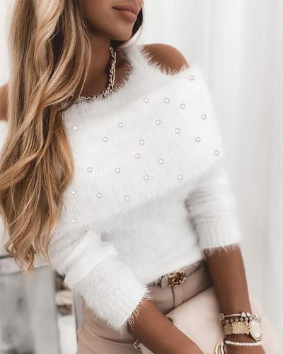 Solid Cold Shoulder Beaded Elegant Sweaters