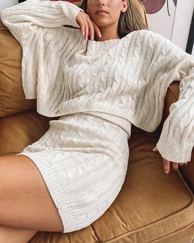 Cozy Cable Knitted Sweater&Skirt Suit