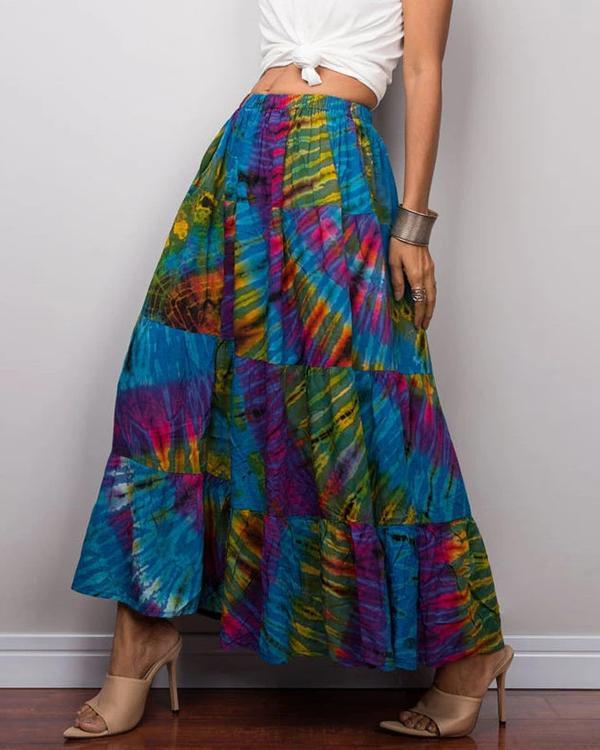 Vintage Gradient Print Paneled Elastic Maxi Skirt