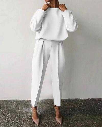 Casual Solid Color Round Neck Suit