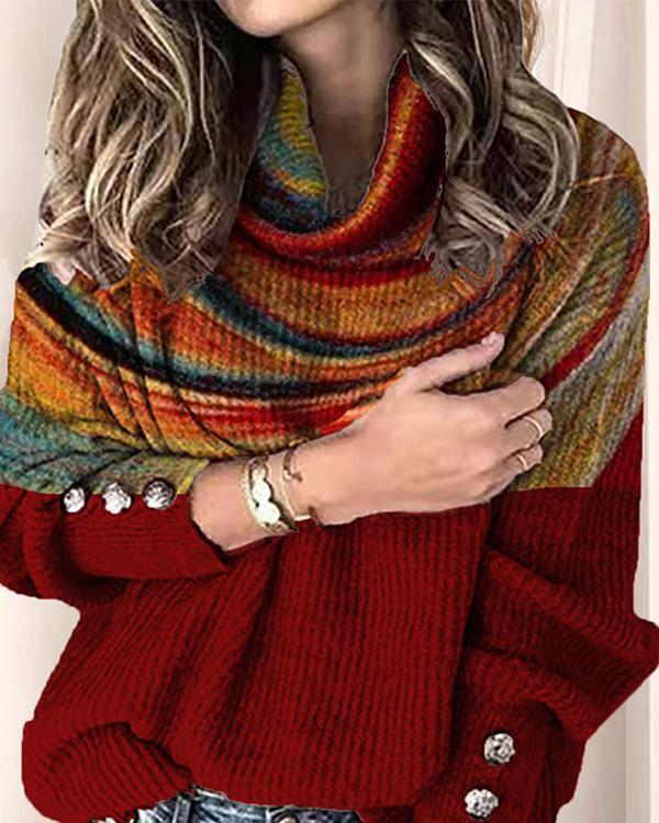 Color Block Printing Turtleneck Casual Sweaters