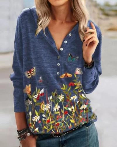 Print Button Casual V-Neckline Long Sleeve Hooded Blouses