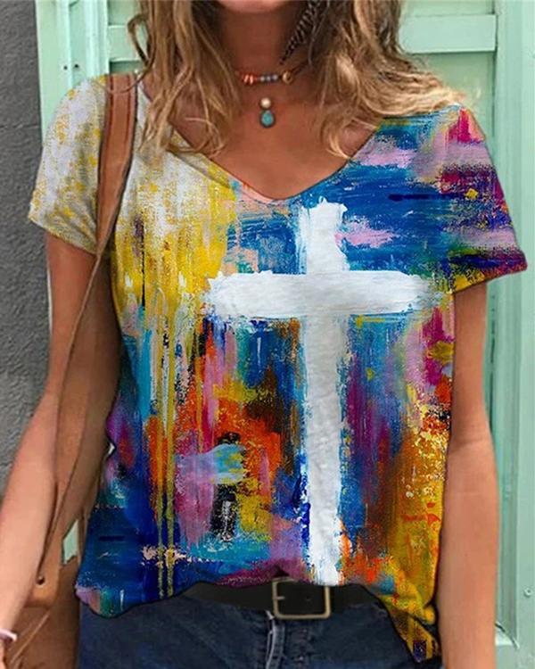 Graffiti Cross Painting Print V Neck T-shirt