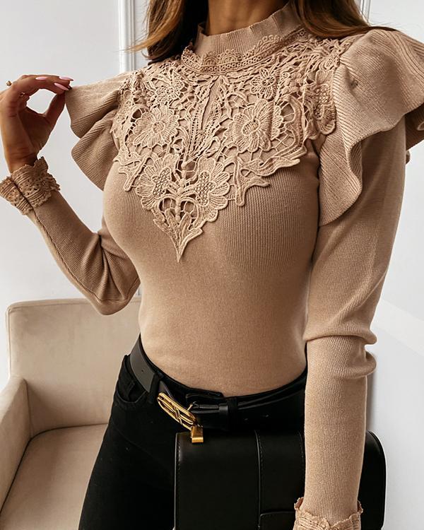 Long Sleeve Round Neck Lace Decorative Solid Color Shirt