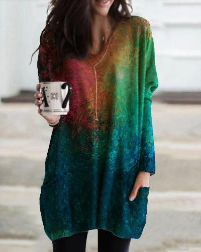 Women Colorful Ombre Tie Dye Pocket Long Sleeve Casual T-shirt