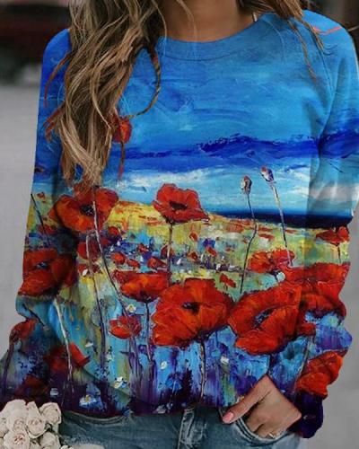 Holiday Floral Oil Painting Casual Shirts&Tops