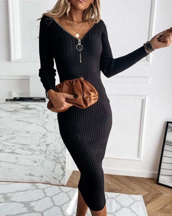 Solid Long Sleeves Bodycon Sweater Little Black/Casual Midi Dresses