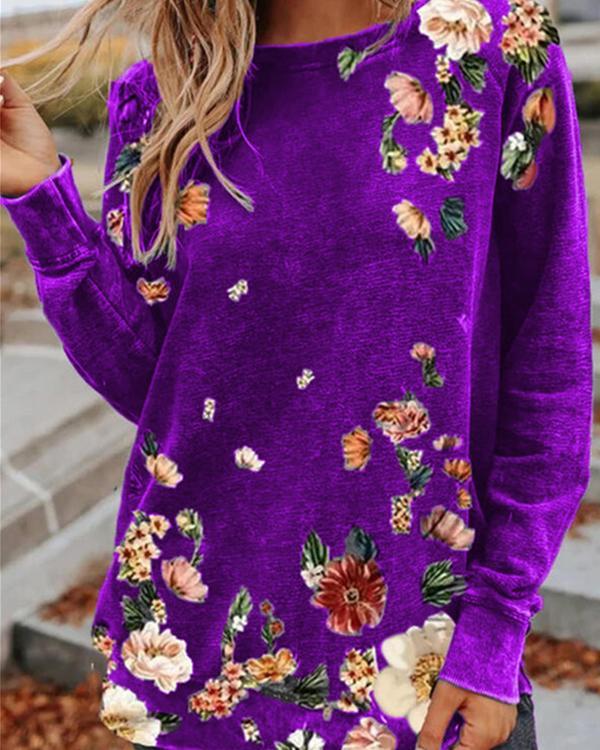 Casual Flower Print Round Neck Loose Fit Shirts&Tops