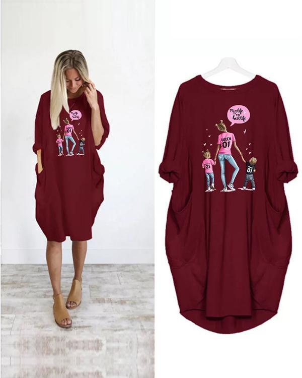 Super Mom Printed Loose Casual Irregular Plus Size Dress