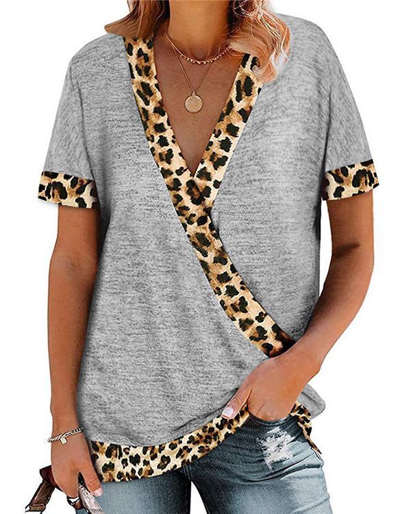 Leopard Printed Short Sleeve V Neck Shirt