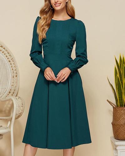 Women Vintage Solid Color Pleated Midi Dress Elegant Gowns
