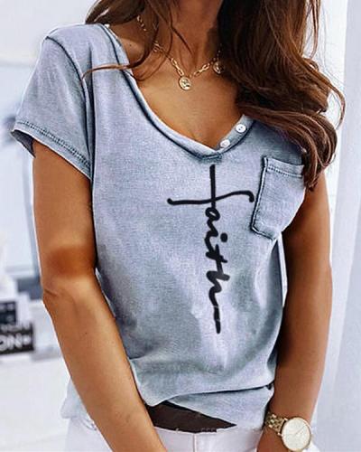 Letter Pattern Print Pocket Design Buttoned Casual T-shirt