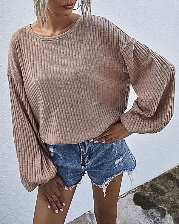 Solid Lantern Sleeve O-Neck Rib Knitted Tops