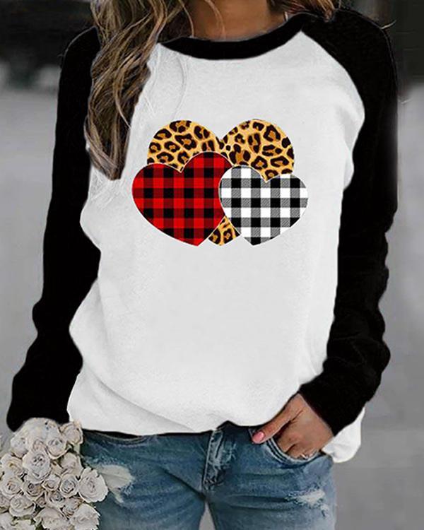Heart Shaped Leopard Print Long Sleeves Color Block T-shirt