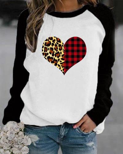 Heart Shaped Leopard And Plaid Print Long Sleeves Color Block T-shirt