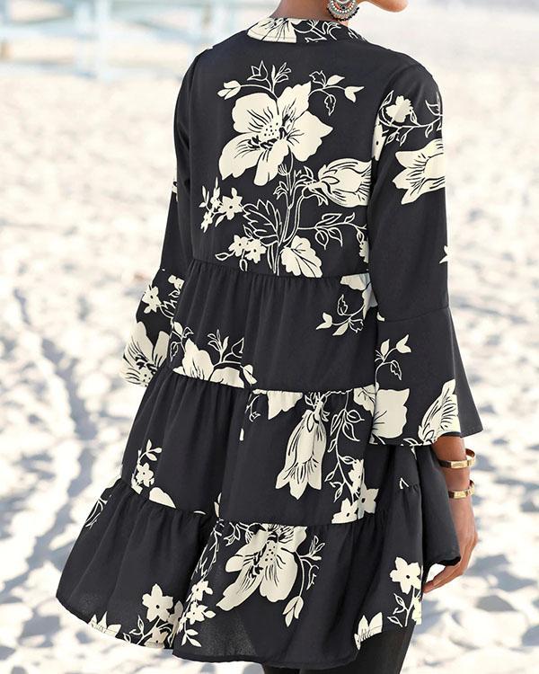 Loose Fit V Neck Ruffle Sleeve Floral Dress