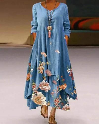 Floral Long Sleeve Crew Neck Casual Maxi Dresses
