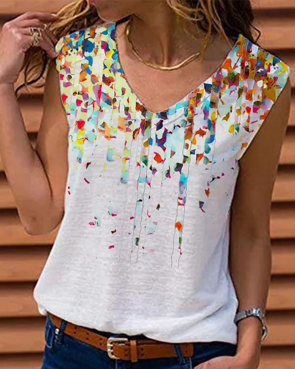 Women Cotton Casual Abstract Printed V Neck Shift Tank Top
