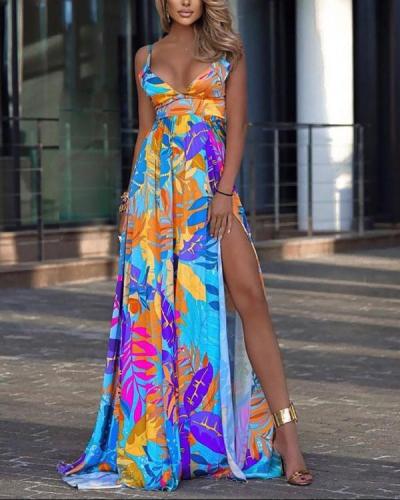 Elegant Spaghetti Strap Holiday Floral Slit Dress