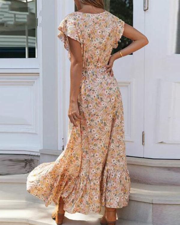 Bohemian Short Sleeve Floral Print Ruffle Dresses