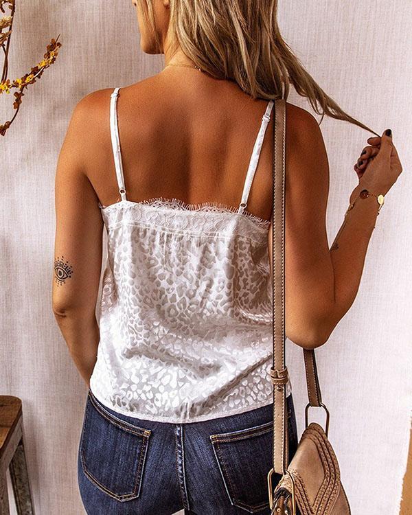 Lace Leopard Spaghetti Strap Sleeveless Button Up Casual Sexy Tank Tops