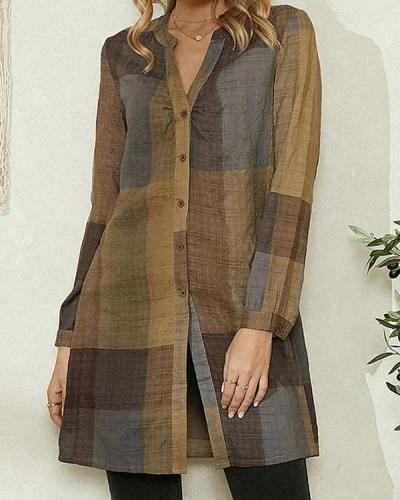 Contrast Color Block Button Long Sleeve Casual Blouse For Women