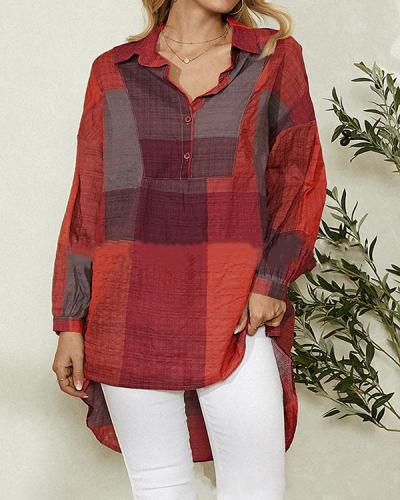 Contrast Color Block Shirt Collar Long Sleeve Casual Blouse For Women