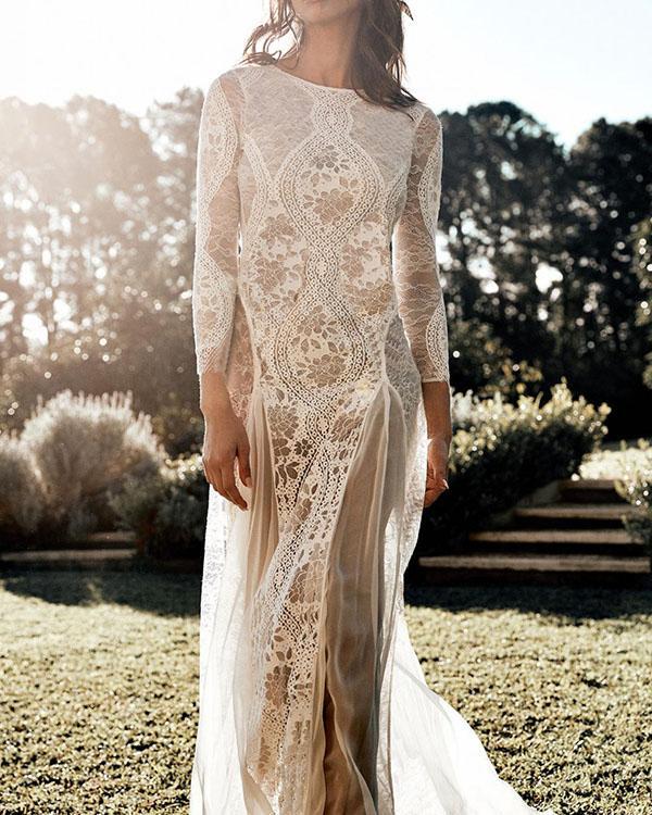 Elegant Floral Lace Hollow Transparent Wedding Dress