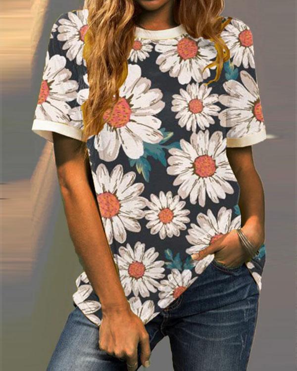 Multiflora Printed Short Sleeve Crew Neck Shirts & Tops