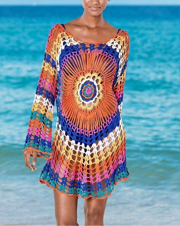Handmade Crocheted Rainbow Long-sleeved Hollow Bikini Outer Smock