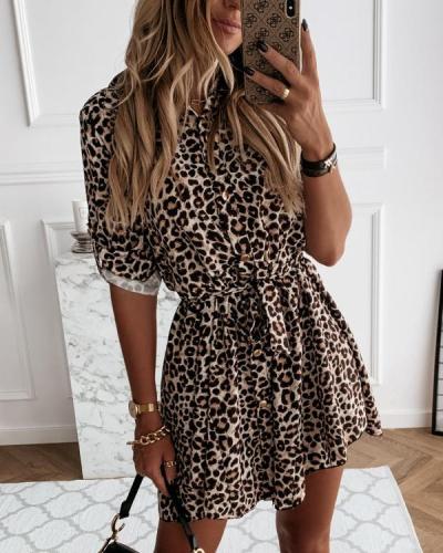 Leopard Long Sleeves A-line Above Knee Casual Shirt/Skater Dresses