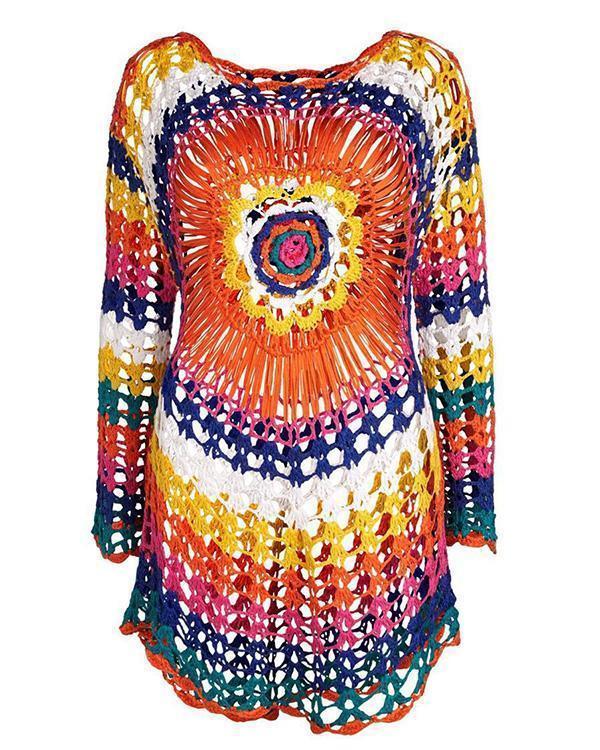 Handmade Crocheted Rainbow Long-sleeved Hollow Bikini Outer Smock