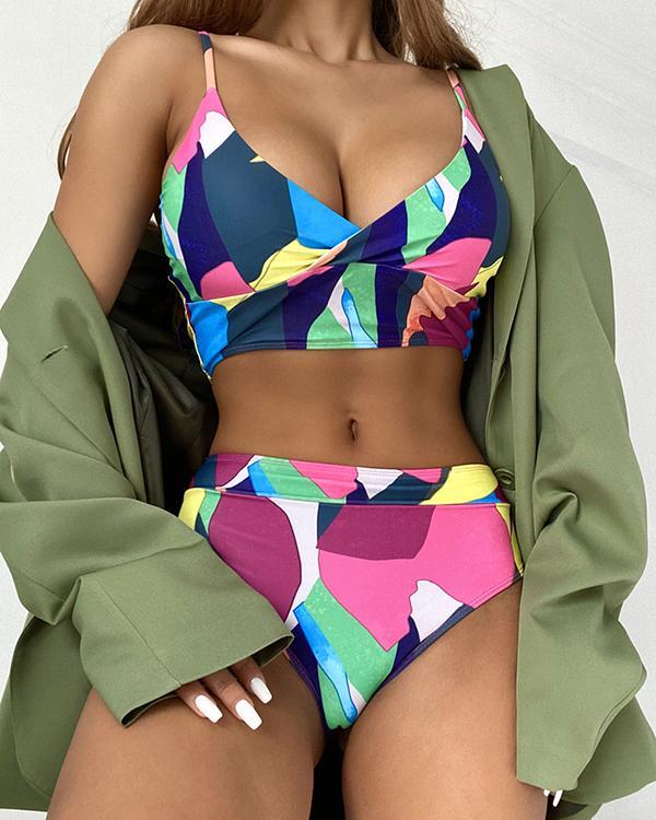 Multicolor Geometric High Waist V Neck Vacation Beach Bikini