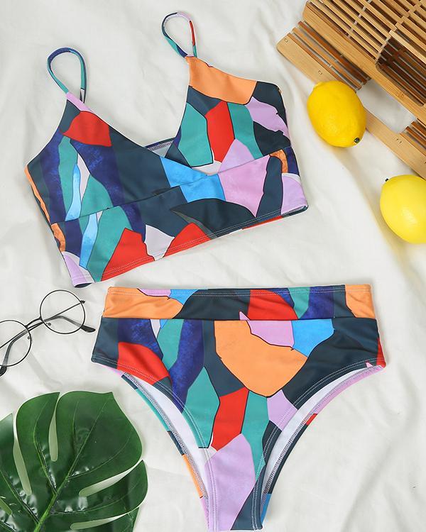 Multicolor Geometric High Waist V Neck Vacation Beach Bikini