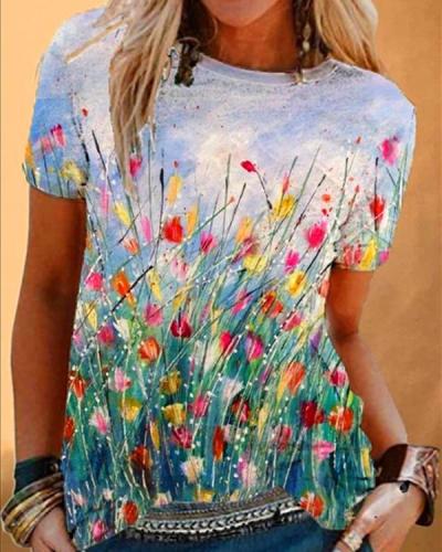 Flower Oil Painting Print T-shirt