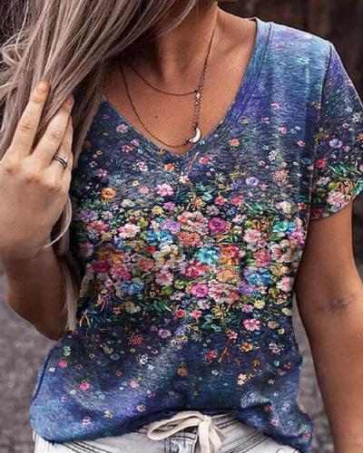 Flower Casual V Neck Shirts & Tops