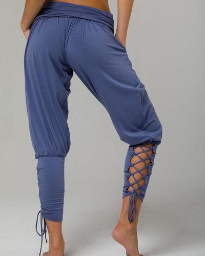 Pure Color High Waist Pockets Casual Lace up Pants