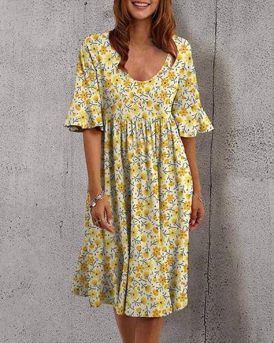Holiday U Neck Highwaist Flower Print Midi Dress
