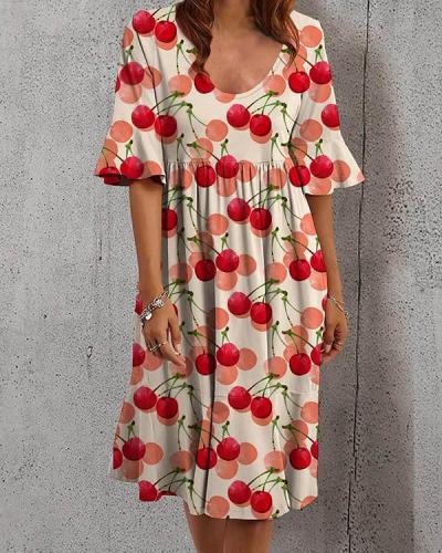 Casual Holiday U Neck Highwaist Floral Ruffle A-line Dress