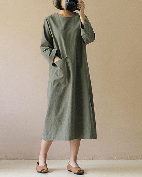 Women Long Sleeve Solid Loose Plus Size Casual Linen Dresses