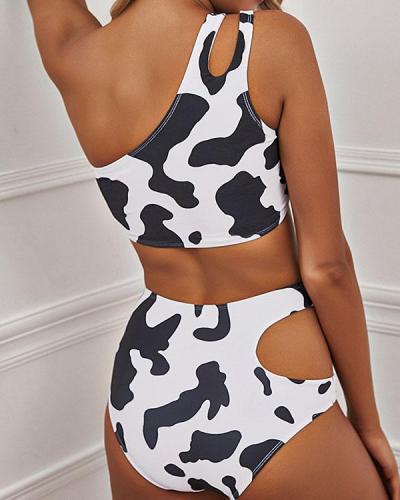 Cow Print Hollow out One Shoulder Bikinis