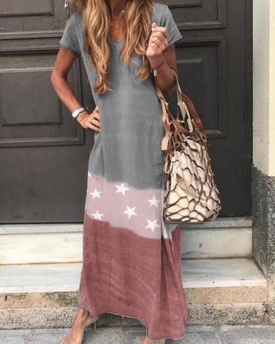 Short Sleeve V Neck Star Printed Maxi Dresses