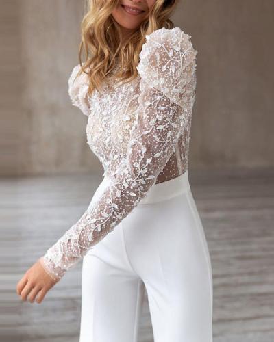 Sexy Round Neck Long Sleeve Sequins Jumpsuit