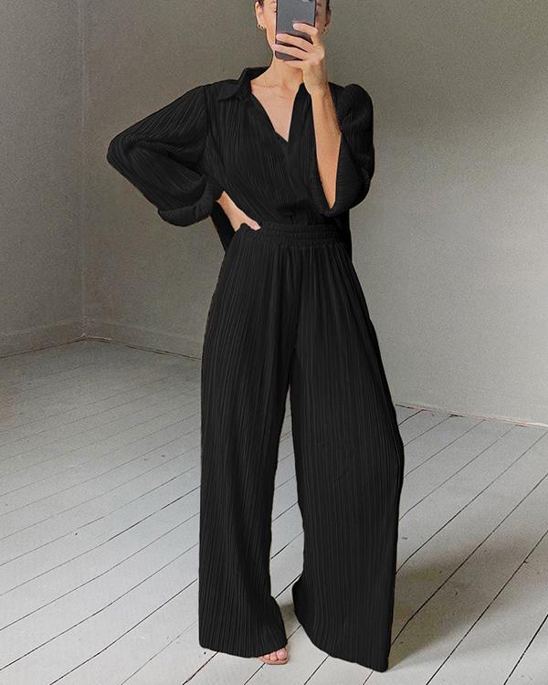 Pleated Shirt And Wide Leg Pants Set