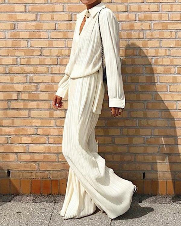 Pleated Shirt And Wide Leg Pants Set