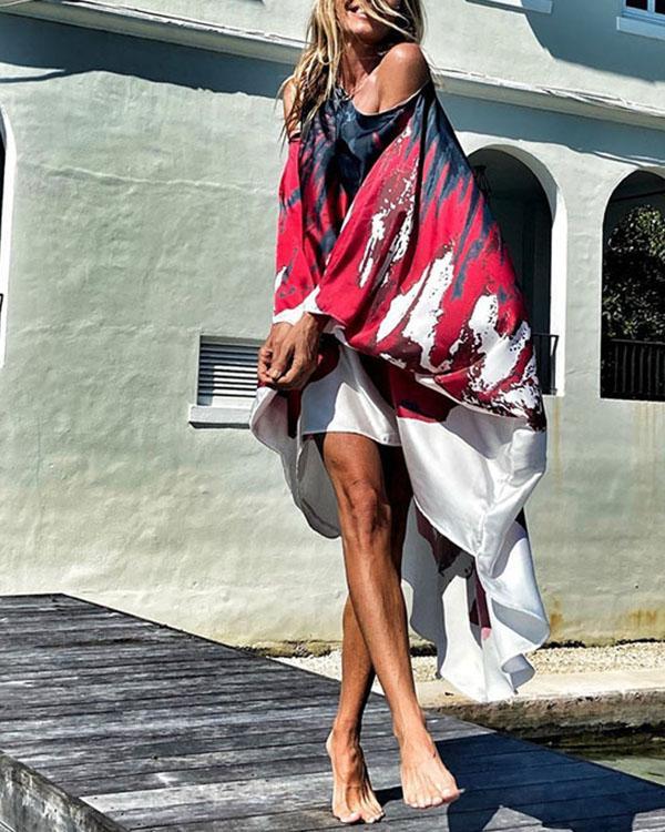 Personalized Print Oblique Shoulder Flowy Beach Dresses Bikini Cover-ups