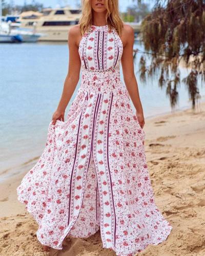 Women Halter Neck Floral Vacation Slit Maxi Dress