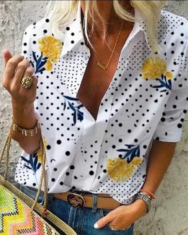 Floral Print Casual Collar 3/4 Sleeves Blouses