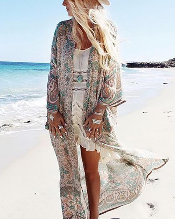 Women's Floral Print Sheer Chiffon Loose Kimono Cardigan Capes Beach Cover Up