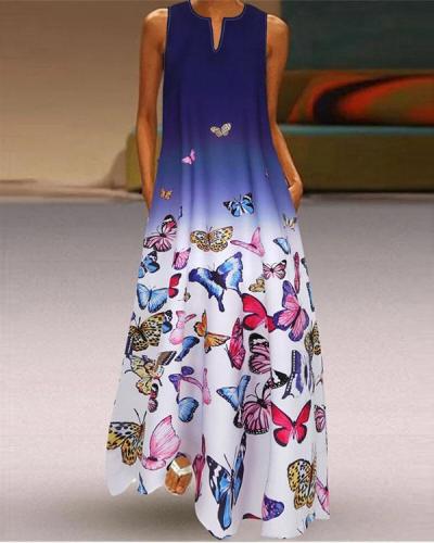 Butterfly Printed Ombre Patchwork V-neck Maxi Dress